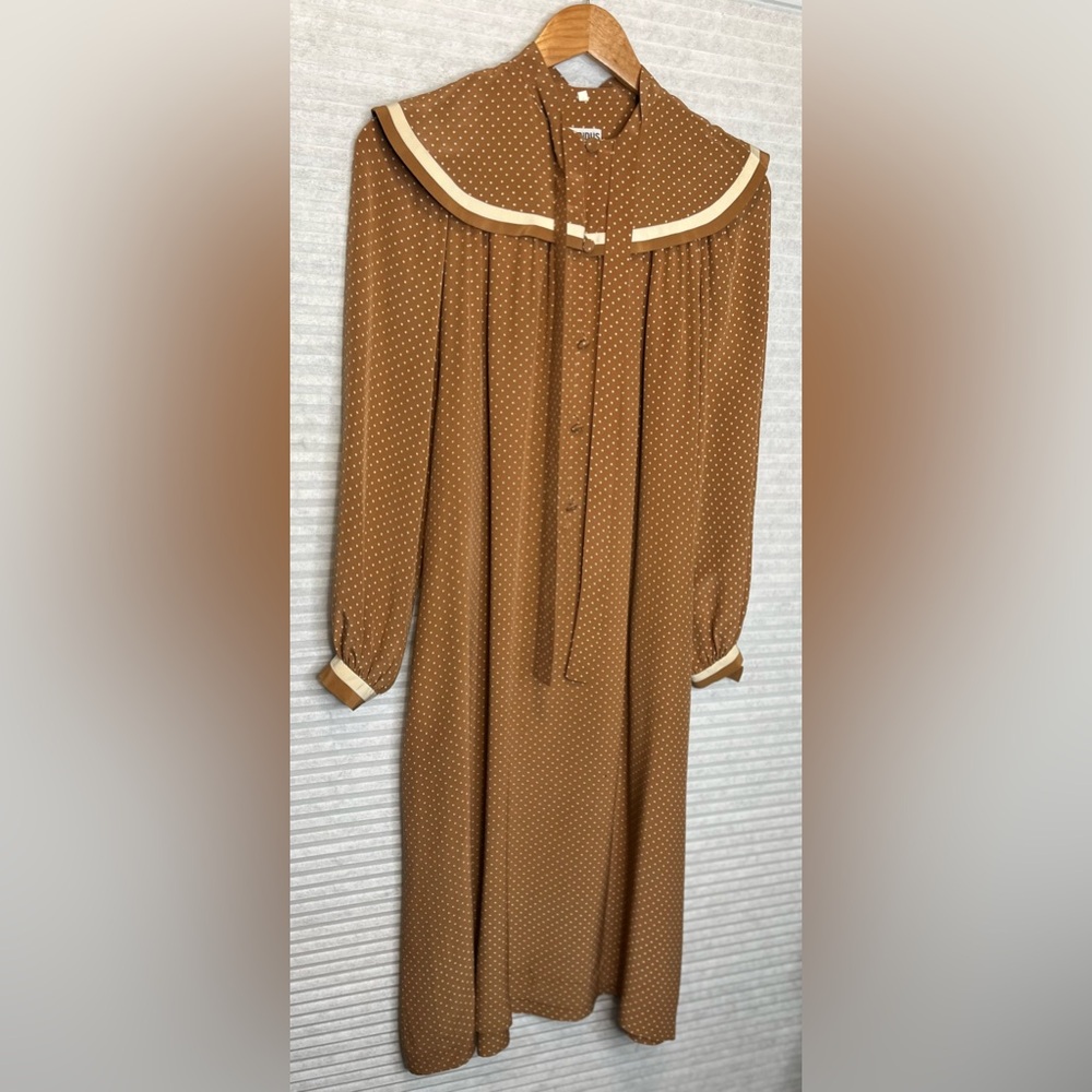 Vintage 70’s Ted Lapidus Paris Silk Maxi Dress Brown Beige Polka Dots Size 4 - Picture 15 of 15